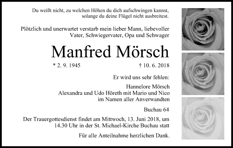  Traueranzeige für Manfred Mörsch vom 11.06.2018 aus MGO