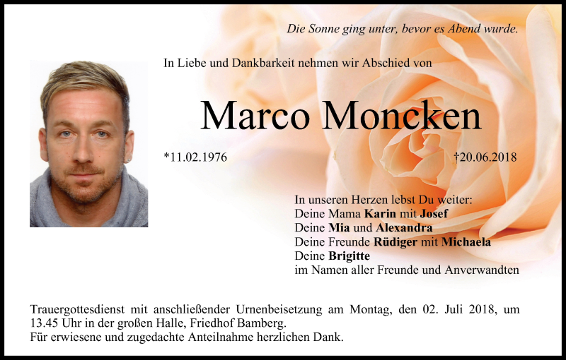  Traueranzeige für Marco Moncken vom 30.06.2018 aus MGO