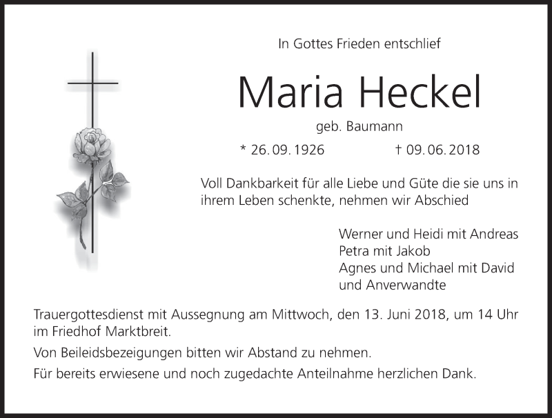 Traueranzeige für Maria Heckel vom 11.06.2018 aus MGO