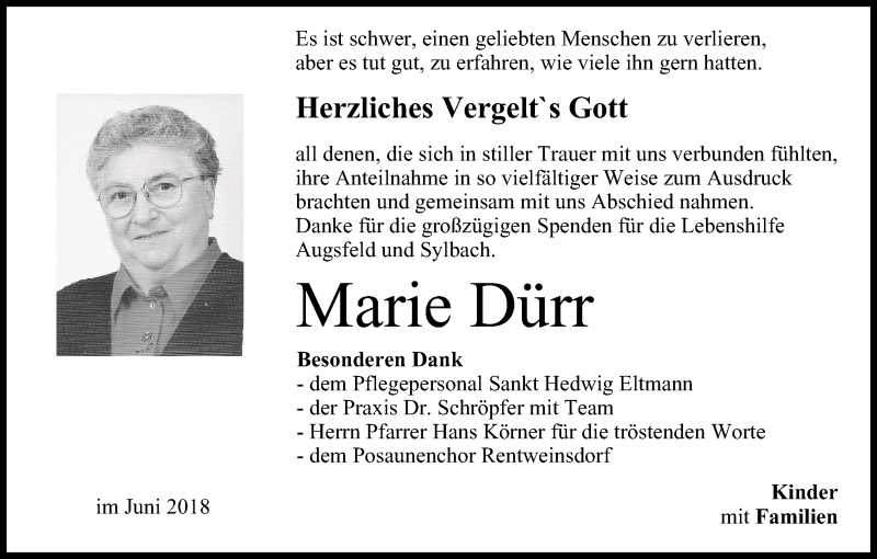  Traueranzeige für Marie Dürr vom 09.06.2018 aus MGO