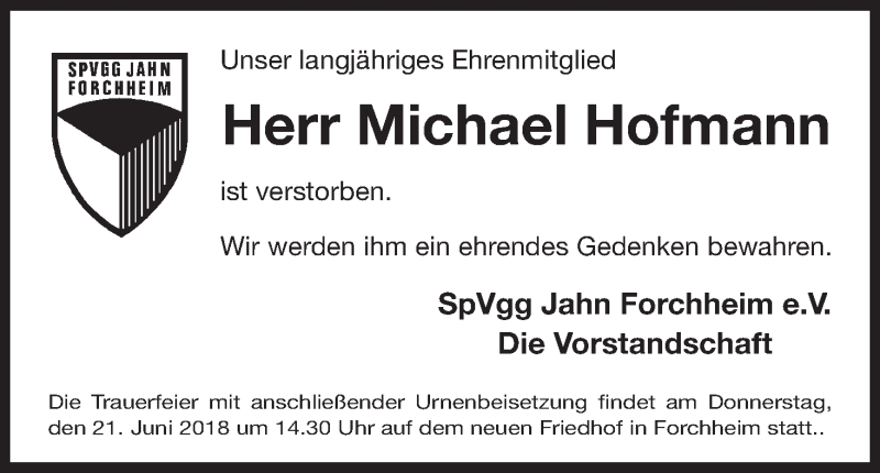  Traueranzeige für Michael Hofmann vom 16.06.2018 aus MGO