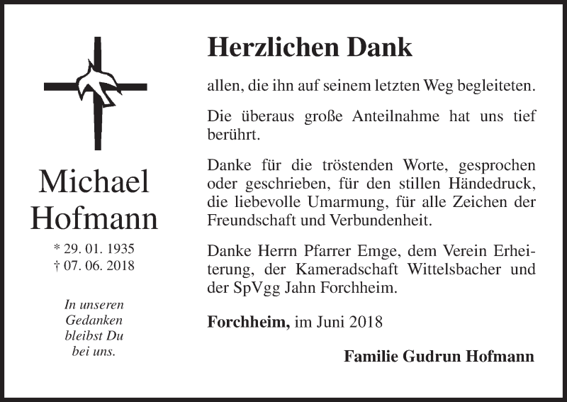  Traueranzeige für Michael Hofmann vom 30.06.2018 aus MGO