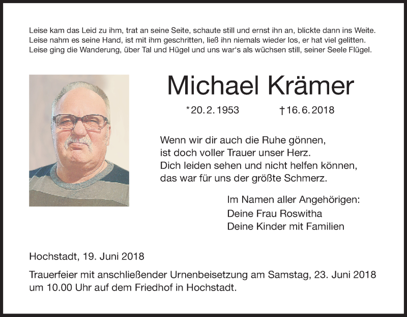  Traueranzeige für Michael Krämer vom 19.06.2018 aus MGO