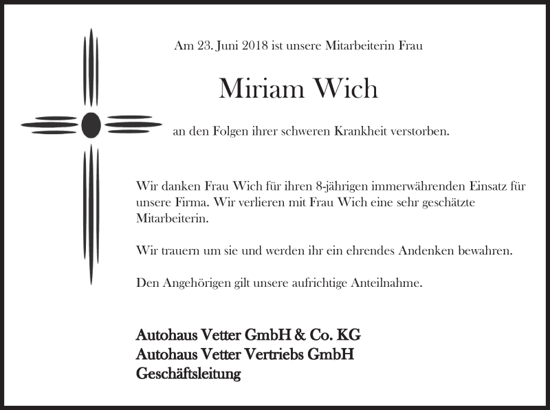  Traueranzeige für Miriam Wich vom 27.06.2018 aus MGO