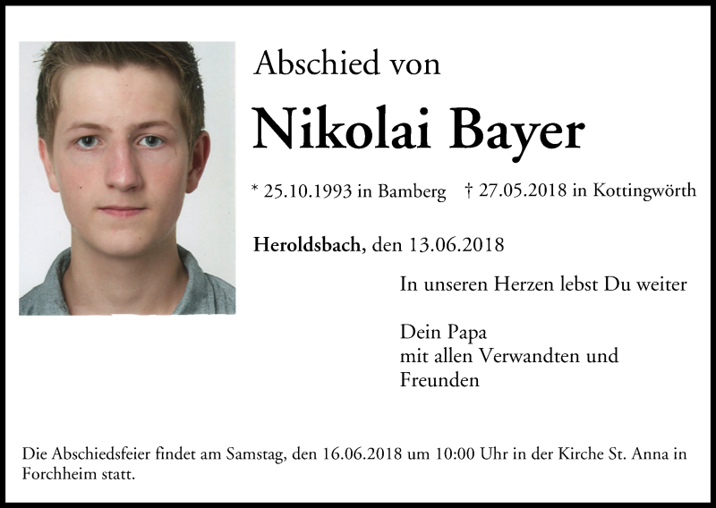  Traueranzeige für Nikolai Bayer vom 13.06.2018 aus MGO