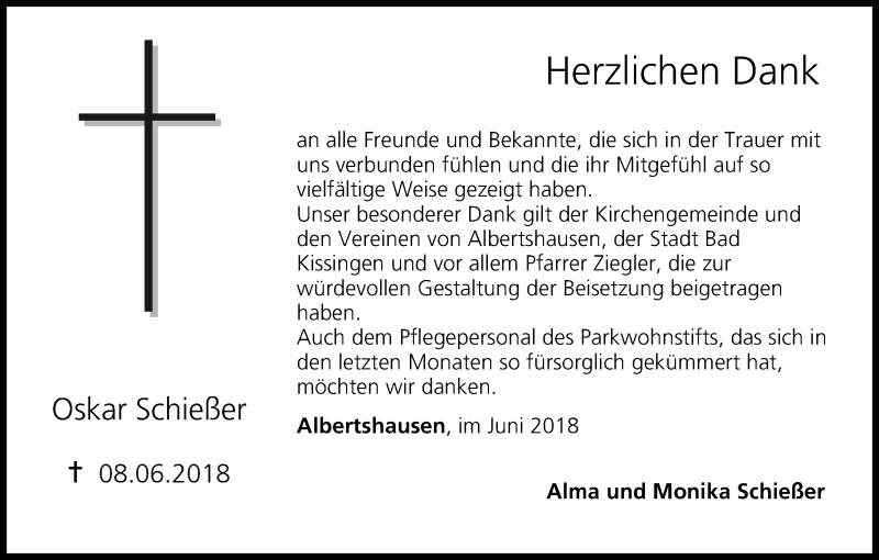  Traueranzeige für Oskar Schießer vom 23.06.2018 aus MGO
