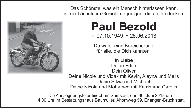  Traueranzeige für Paul Bezold vom 28.06.2018 aus MGO