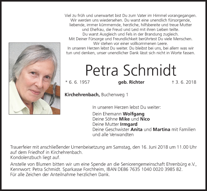  Traueranzeige für Petra Schmidt vom 09.06.2018 aus MGO