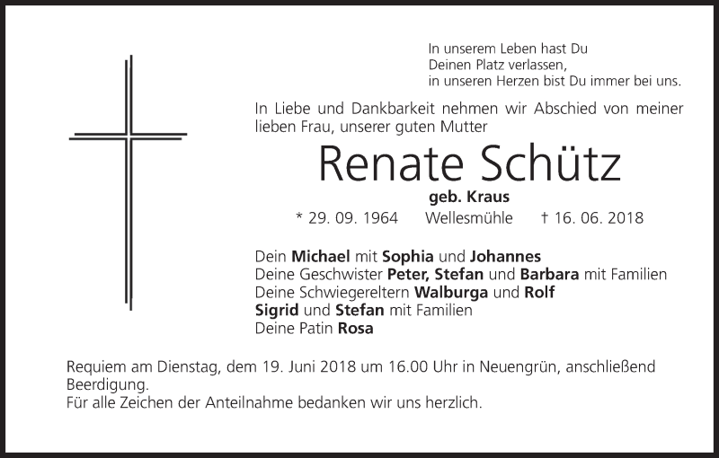  Traueranzeige für Renate Schütz vom 18.06.2018 aus MGO