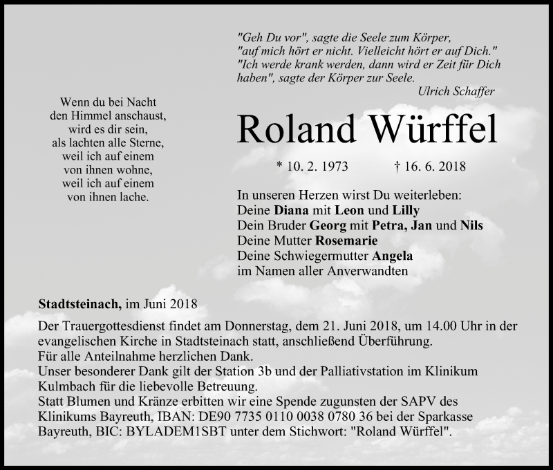  Traueranzeige für Roland Würffel vom 19.06.2018 aus MGO