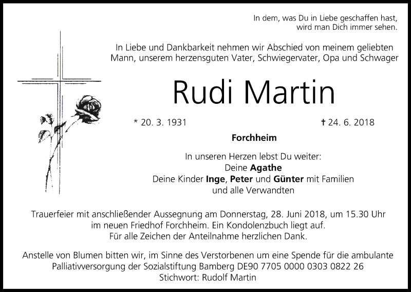  Traueranzeige für Rudi Martin vom 26.06.2018 aus MGO