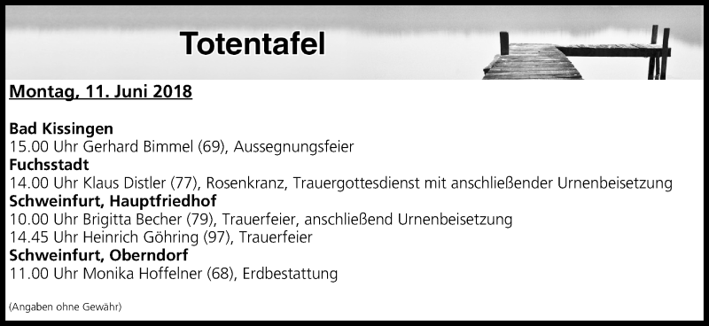  Traueranzeige für Totentafel vom 11.06.2018 vom 11.06.2018 aus MGO