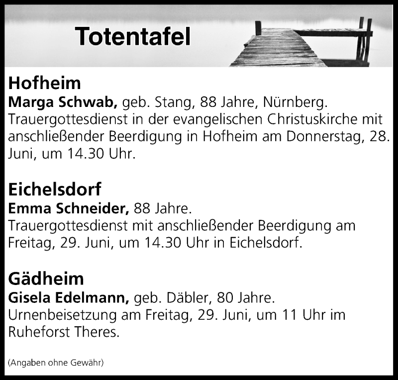  Traueranzeige für Totentafel vom 28.06.2018 vom 28.06.2018 aus MGO