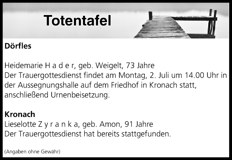 Traueranzeige für Totentafel vom 30.06.2018 vom 30.06.2018 aus MGO