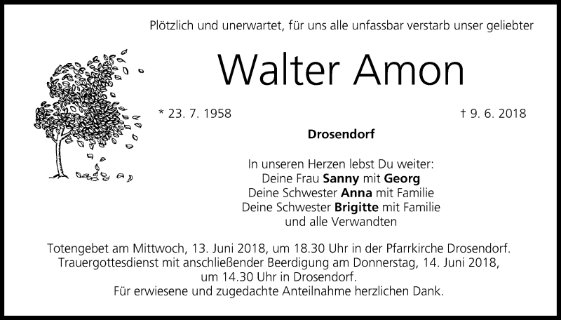  Traueranzeige für Walter Amon vom 12.06.2018 aus MGO