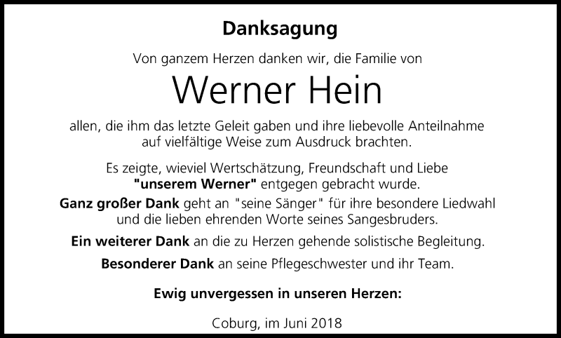  Traueranzeige für Werner Hein vom 09.06.2018 aus MGO