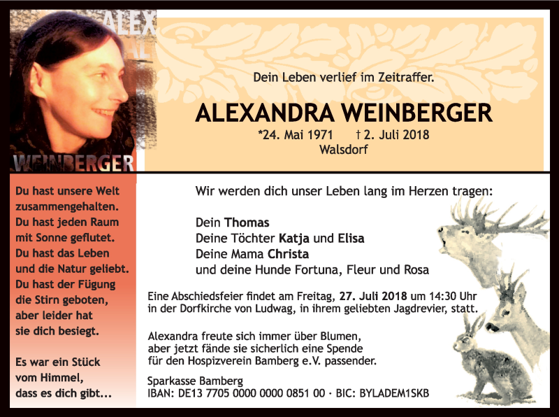  Traueranzeige für Alexandra Weinberger vom 21.07.2018 aus MGO