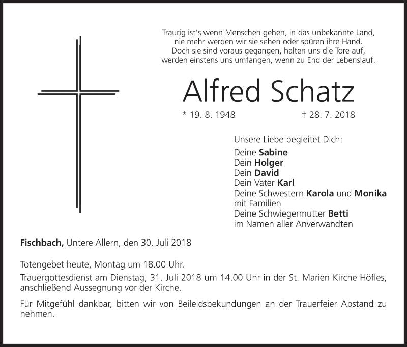  Traueranzeige für Alfred Schatz vom 30.07.2018 aus MGO