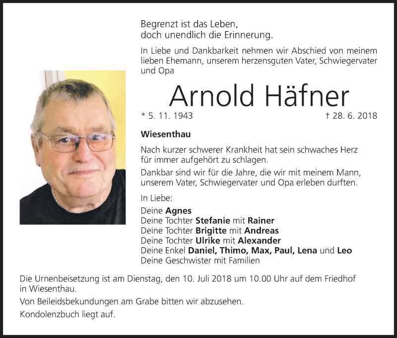  Traueranzeige für Arnold Häfner vom 06.07.2018 aus MGO