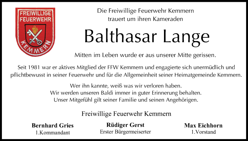  Traueranzeige für Balthasar Lange vom 16.07.2018 aus MGO