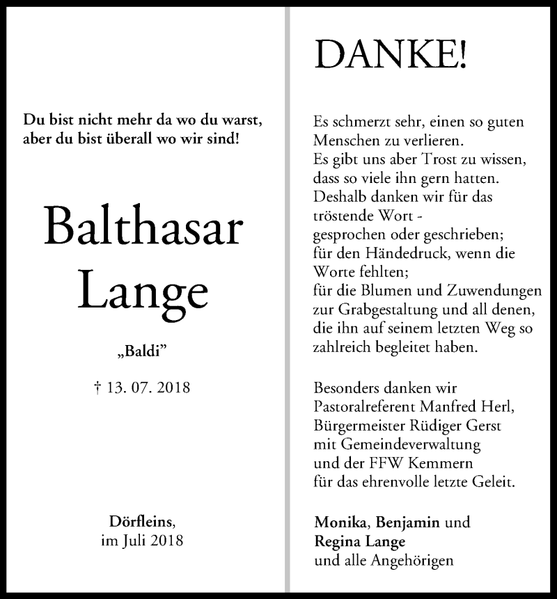  Traueranzeige für Balthasar Lange vom 28.07.2018 aus MGO