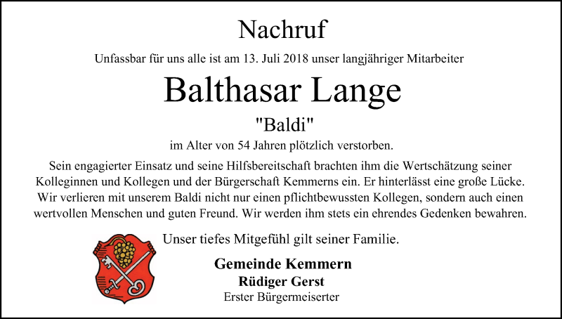  Traueranzeige für Balthasar Lange vom 17.07.2018 aus MGO