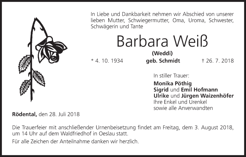  Traueranzeige für Barbara Weiß vom 28.07.2018 aus MGO