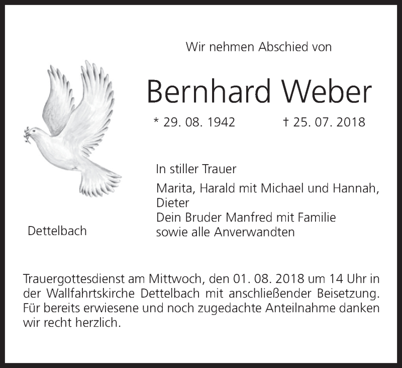  Traueranzeige für Bernhard Weber vom 31.07.2018 aus MGO