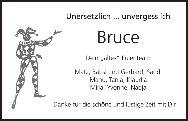  Traueranzeige für Bruce  vom 13.07.2018 aus MGO