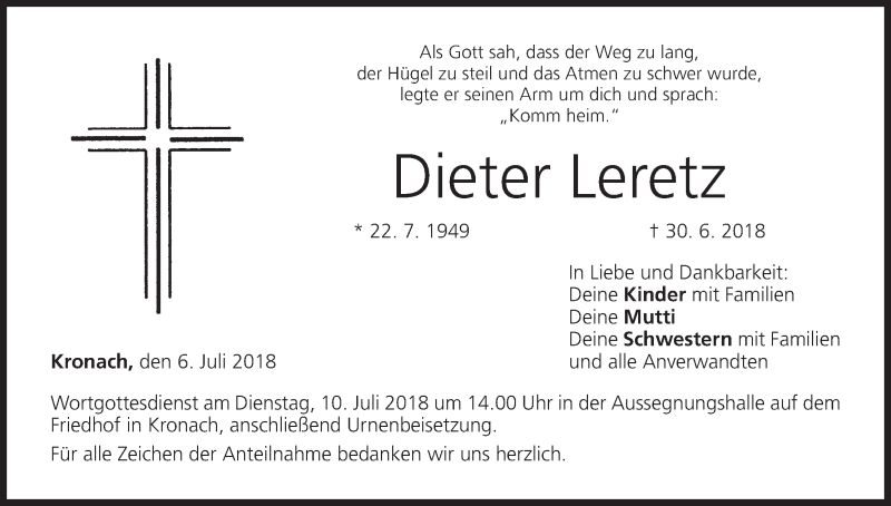  Traueranzeige für Dieter Leretz vom 06.07.2018 aus MGO