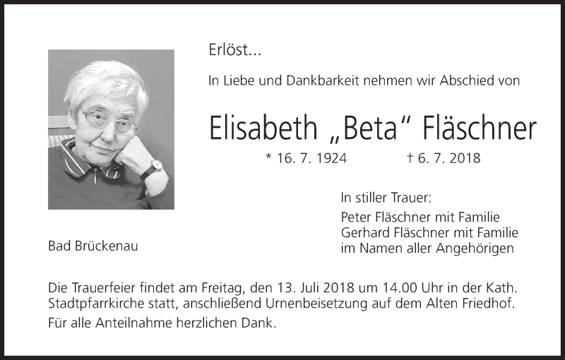  Traueranzeige für Elisabeth Fläschner vom 10.07.2018 aus MGO