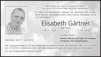 Elisabeth Gärtner | Traueranzeige | trauer.inFranken.de