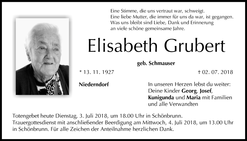  Traueranzeige für Elisabeth Grubert vom 03.07.2018 aus MGO