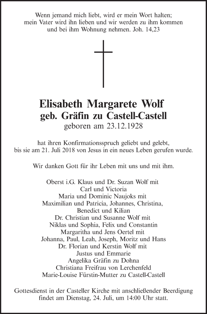  Traueranzeige für Elisabeth Margarete Wolf vom 23.07.2018 aus MGO