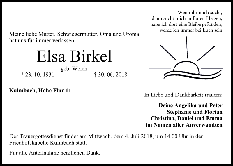  Traueranzeige für Elsa Birkel vom 03.07.2018 aus MGO