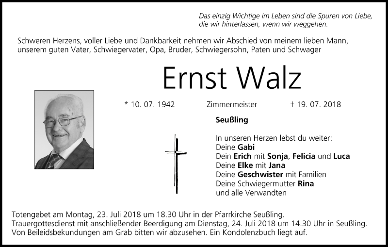  Traueranzeige für Ernst Walz vom 21.07.2018 aus MGO