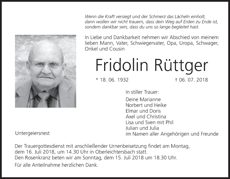  Traueranzeige für Fridolin Rüttger vom 12.07.2018 aus MGO