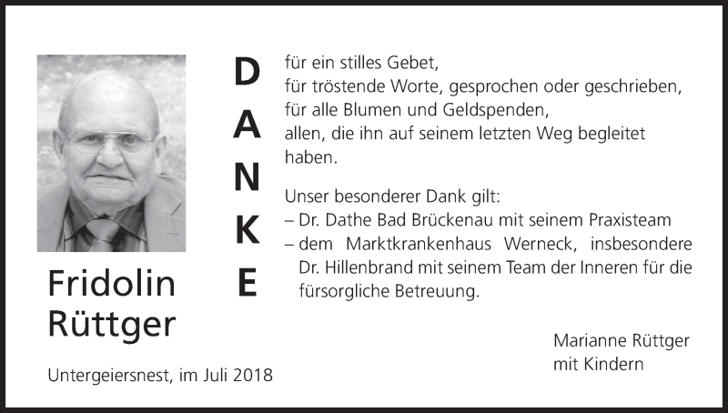  Traueranzeige für Fridolin Rüttger vom 28.07.2018 aus MGO