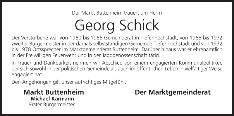  Traueranzeige für Georg Schick vom 03.07.2018 aus MGO