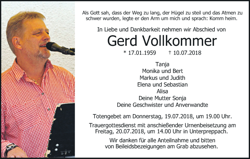  Traueranzeige für Gerd Vollkommer vom 17.07.2018 aus MGO