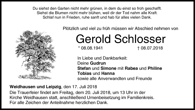  Traueranzeige für Gerold Schlosser vom 17.07.2018 aus MGO