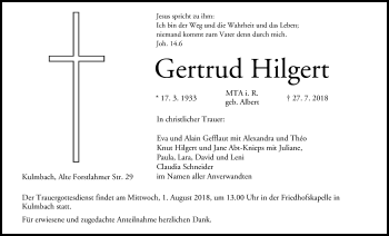 Anzeige von Gertrud Hilgert von MGO