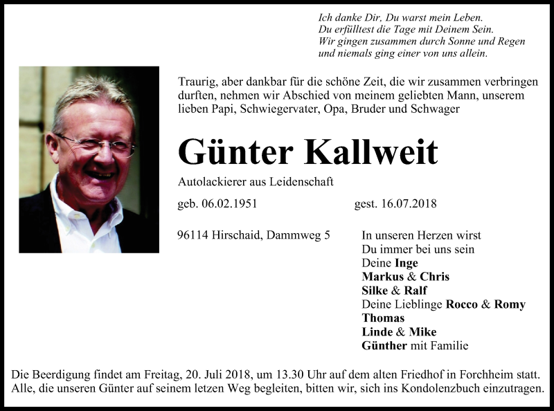  Traueranzeige für Günter Kallweit vom 18.07.2018 aus MGO