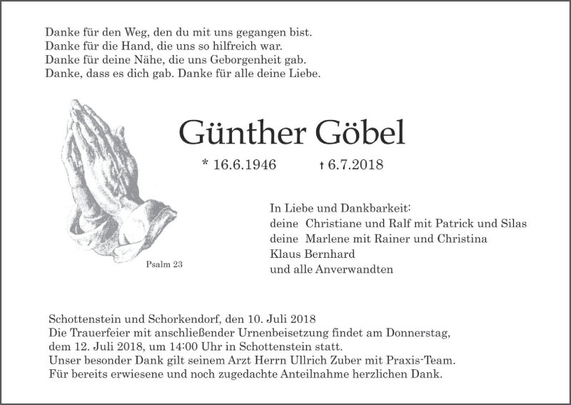  Traueranzeige für Günther Göbel vom 10.07.2018 aus MGO
