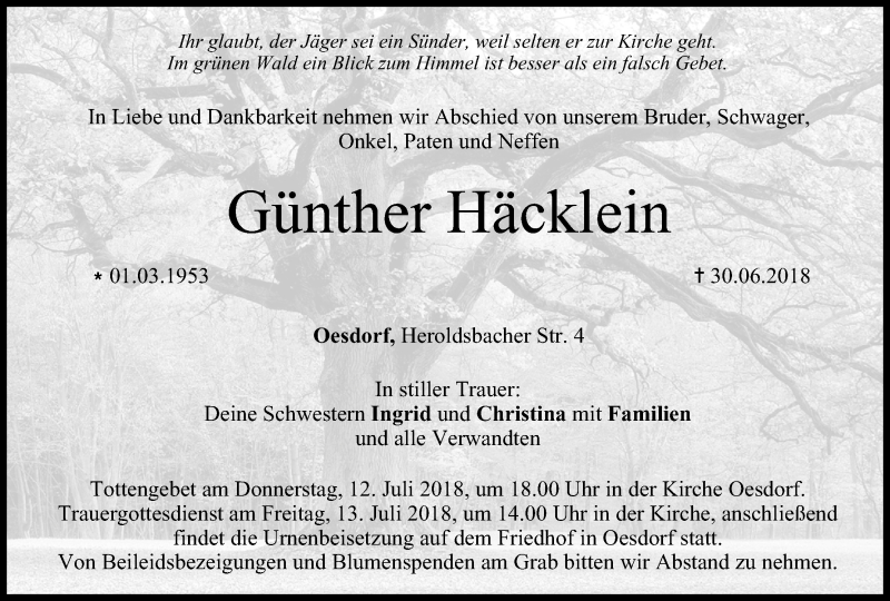  Traueranzeige für Günther Häcklein vom 11.07.2018 aus MGO