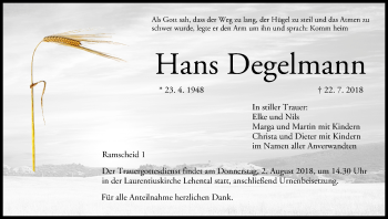 Anzeige von Hans Degelmann von MGO