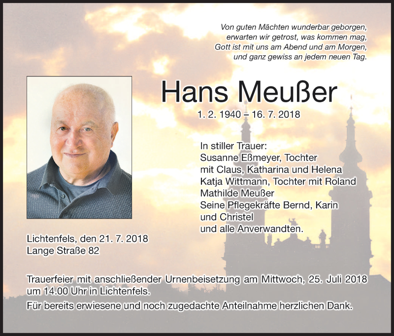  Traueranzeige für Hans Meußer vom 21.07.2018 aus MGO