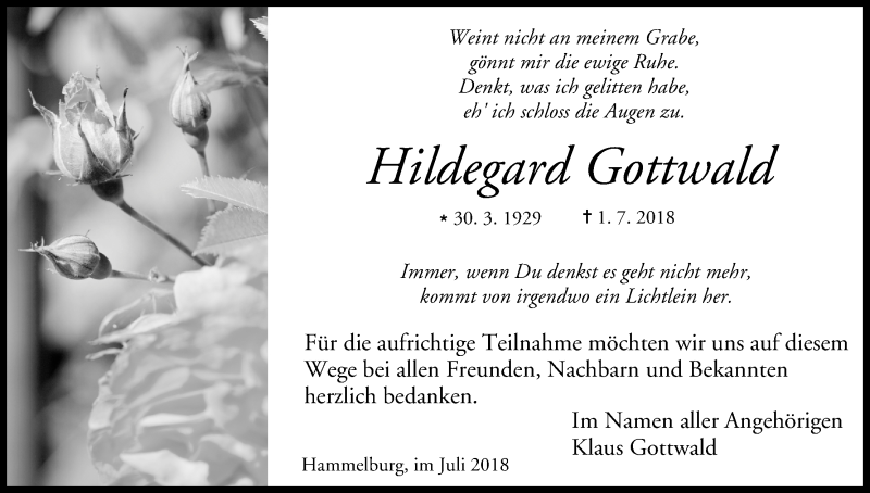  Traueranzeige für Hildegard Gottwald vom 21.07.2018 aus MGO