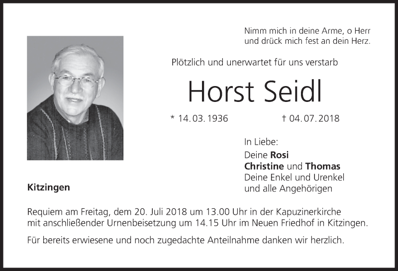  Traueranzeige für Horst Seidl vom 18.07.2018 aus MGO