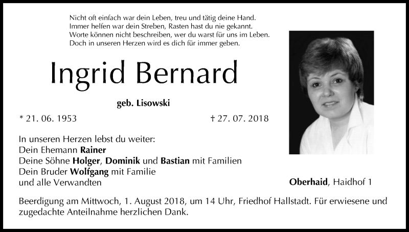  Traueranzeige für Ingrid Bernard vom 30.07.2018 aus MGO